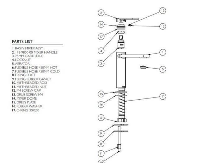 Exploded view diagram of basin mixer assembly with labeled parts list for plumbing repair