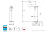 Technical diagram of a faucet with dimensions, water rating, and warranty details for plumbing parts