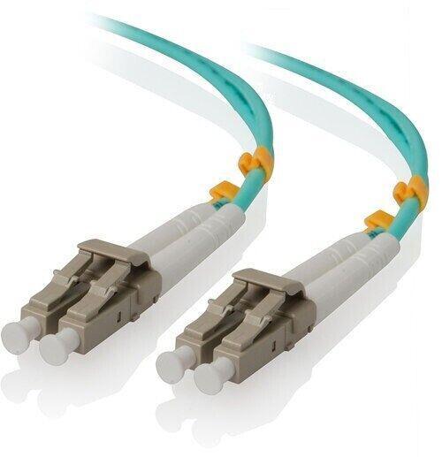 Teal fiber optic cable with LC connectors for network data transmission