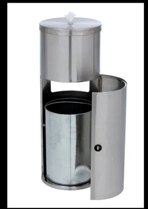 Stainless steel dual-compartment trash bin with lid and side door for easy access
