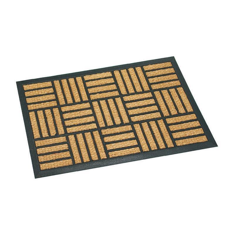 Coir doormat with geometric pattern and black border for home or office entryway
