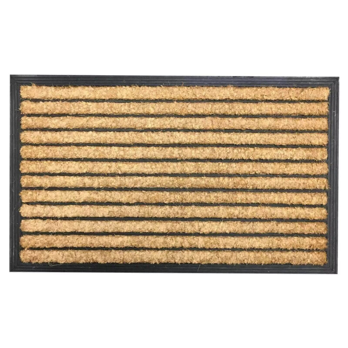 Coir doormat with black rubber border, natural fiber strips for outdoor or indoor entryway use