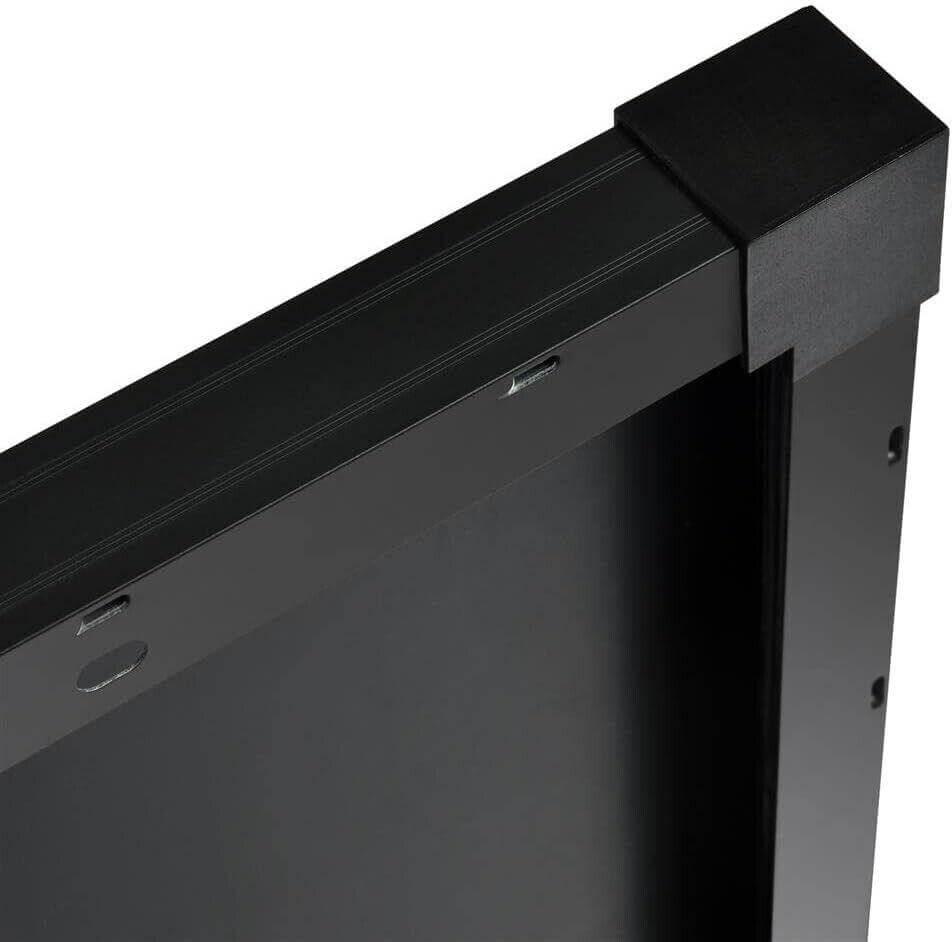 Black metal frame corner with sleek design and mounting slots