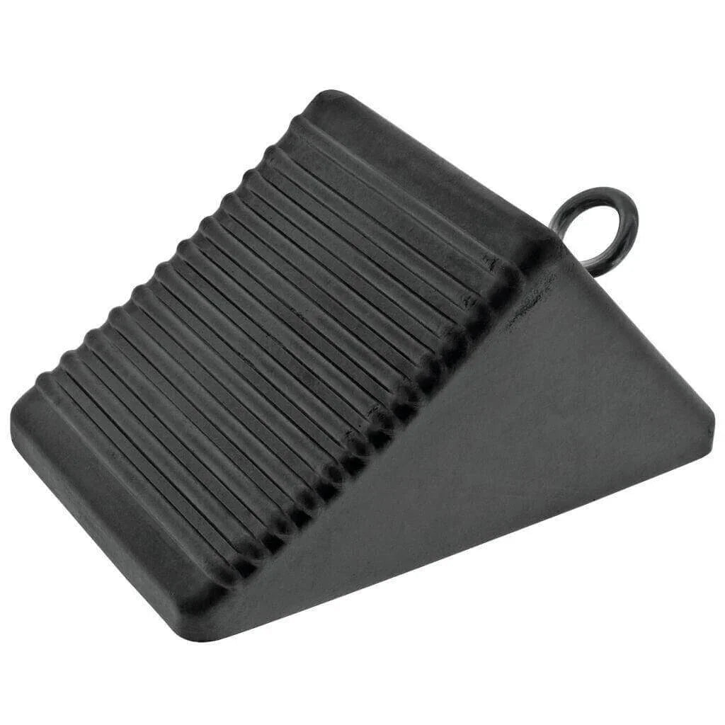 Black rubber door stop with ribbed texture and hanging loop for secure placement