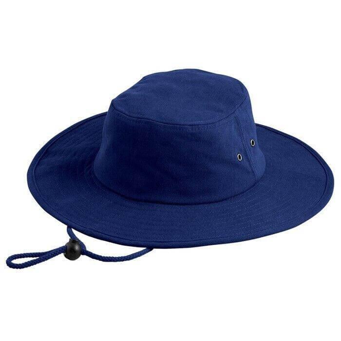 Navy blue wide-brimmed sun hat with chin strap for outdoor workwear protection