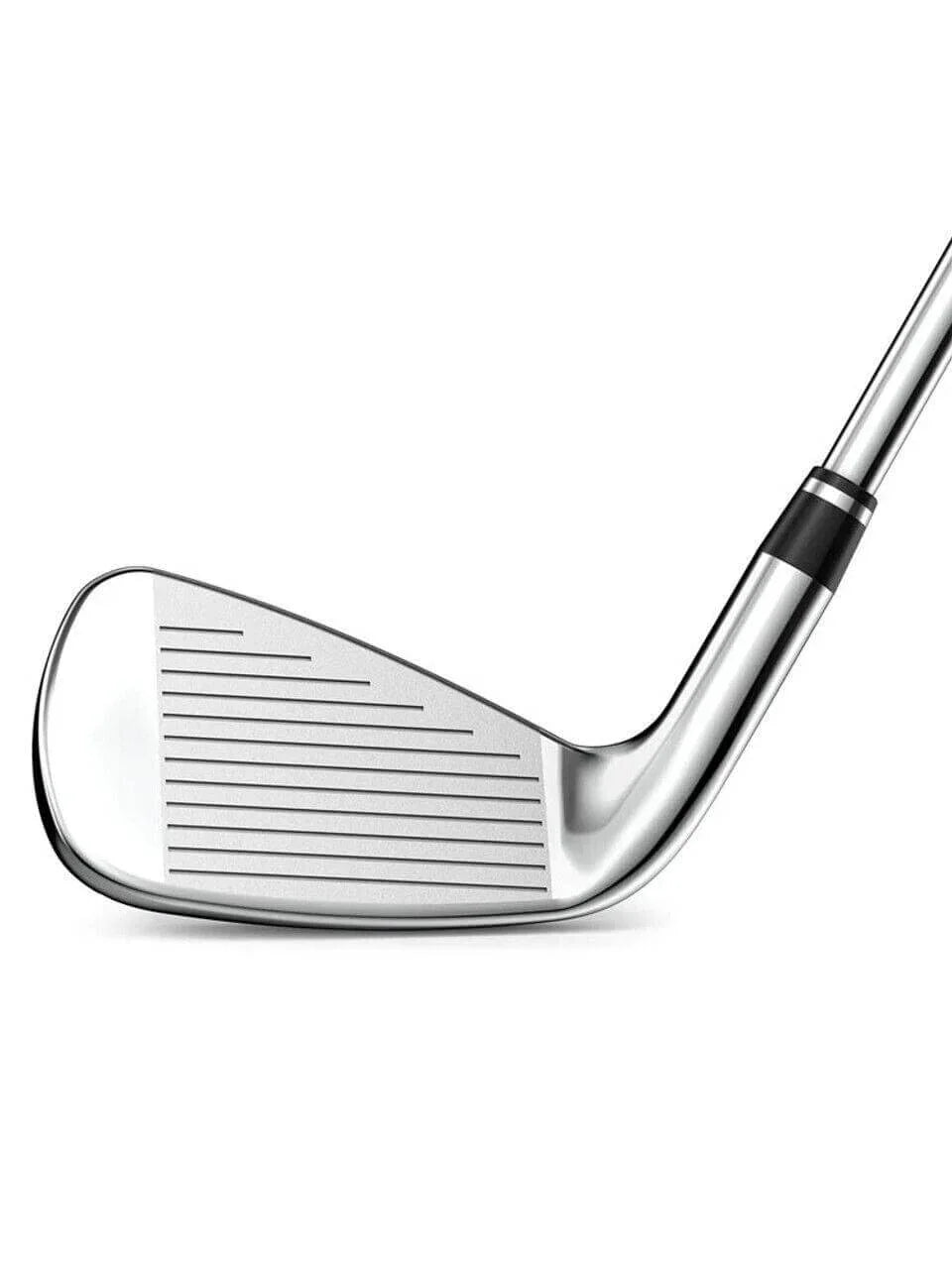 Shiny golf club iron with grooved face and sleek metallic shaft