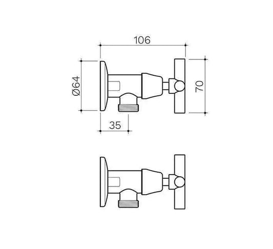 Technical diagram of a valve with dimensions, featuring 106mm length and 64mm diameter for industrial applications.