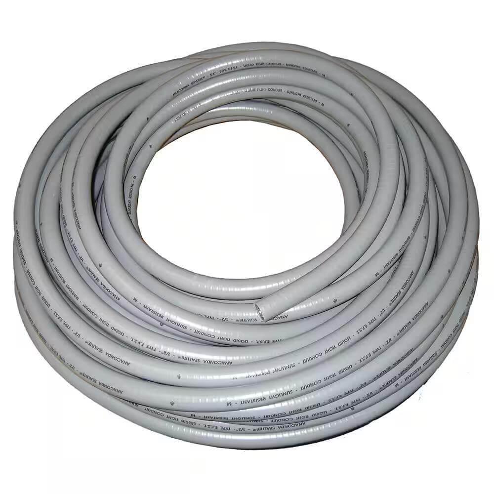 Coiled gray Anaconda Sealtite liquid tight conduit, sunlight resistant, for industrial use