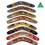 Australian-made boomerangs with Aboriginal art designs, featuring kangaroos and dot patterns