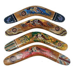 Four hand-painted Australian boomerangs with Aboriginal dot art designs, featuring wildlife and cultural motifs.