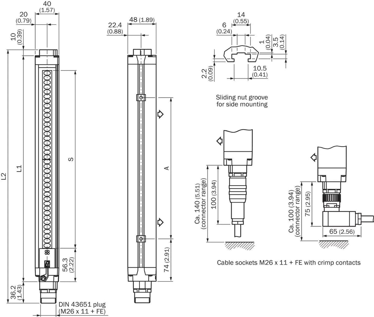Technical diagram of DIN 43651 plug and M26 x 11 + FE cable sockets with crimp contacts