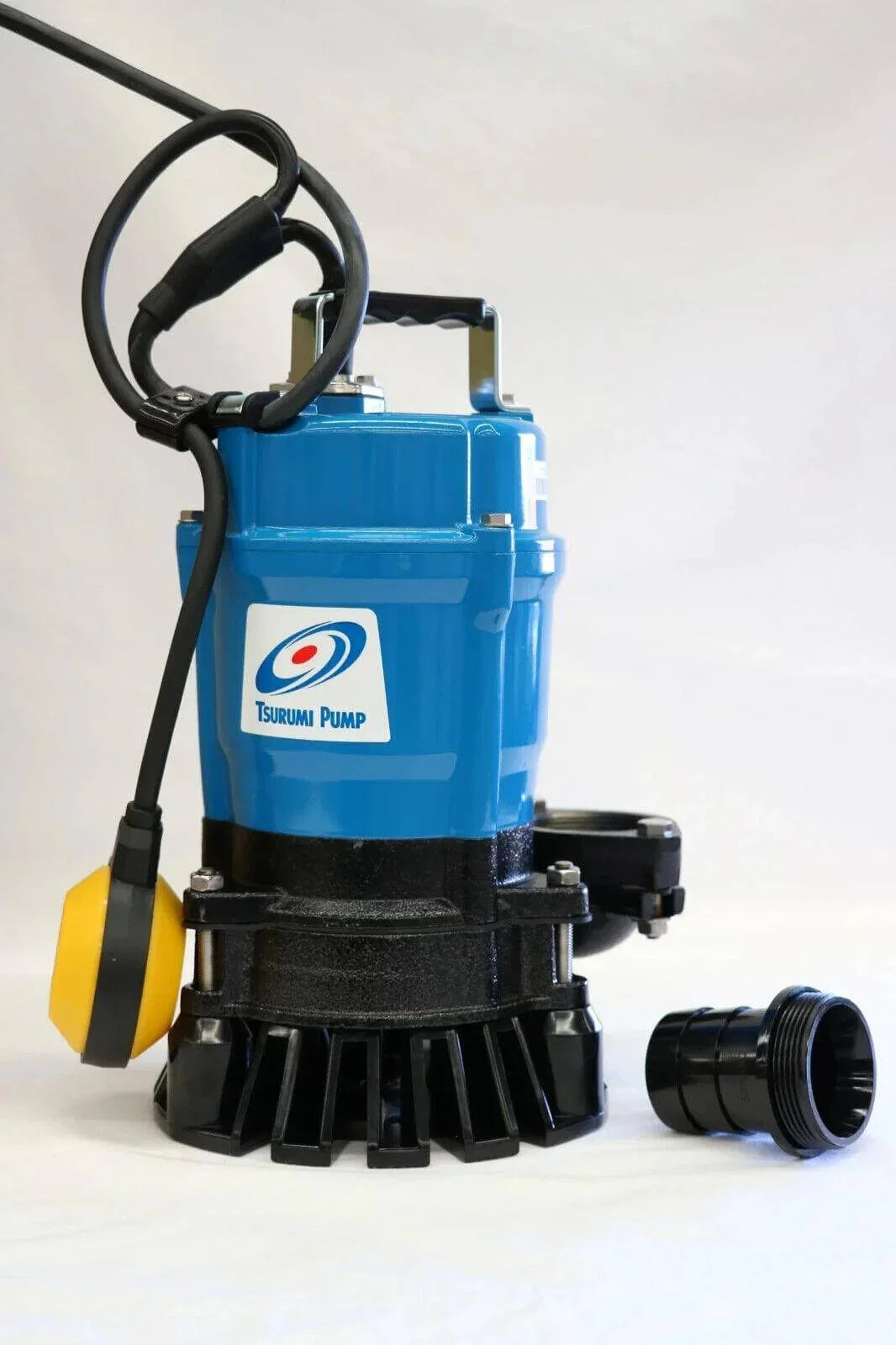 Blue Tsurumi submersible pump with yellow float switch and black base for industrial use