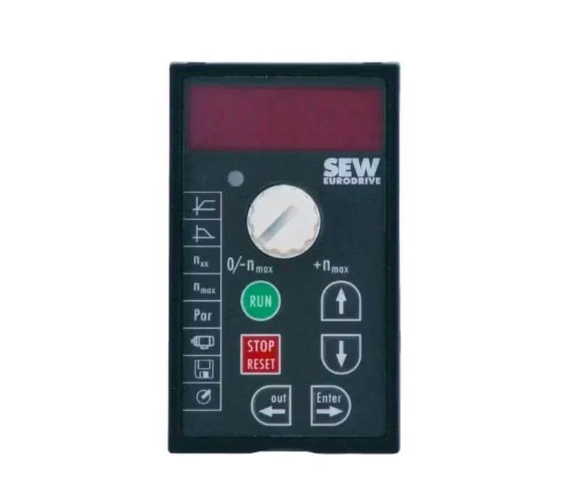 SEW Eurodrive control panel with RUN, STOP RESET buttons and digital display for industrial machinery