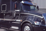 Black semi-truck with chrome accents and side steps, ideal for international truck parts