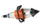 Orange and black hydraulic rescue tool with sharp cutting jaws for emergency vehicle extrication
