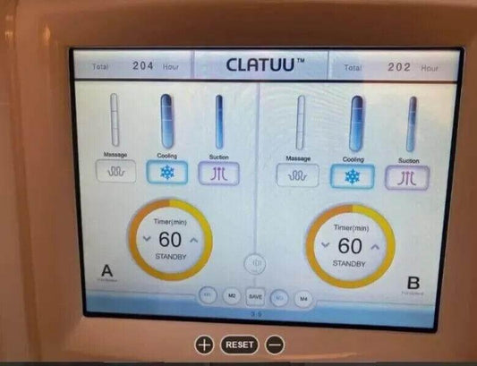 CLATUU™ dual-zone cryolipolysis machine control panel with massage, cooling, suction settings and 60-min timer