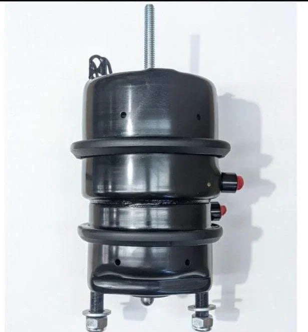 Black industrial air compressor with red valves and metal bolts, ideal for tractor parts and heavy machinery