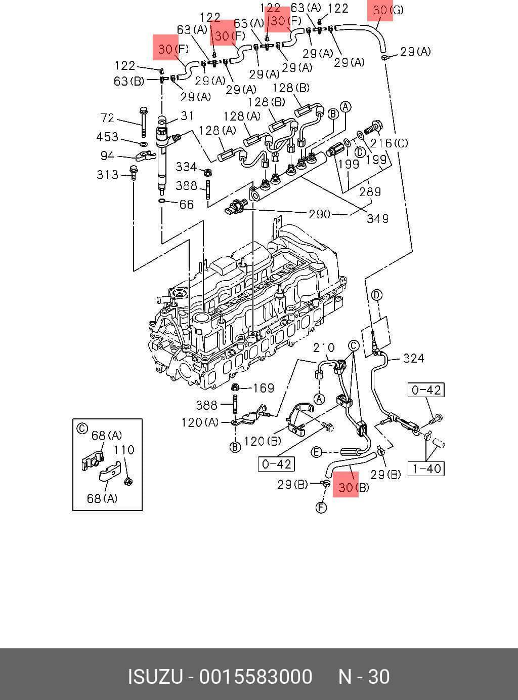 Isuzu engine parts diagram with labeled components for tractor and truck maintenance