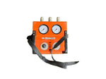 Orange industrial pressure gauge device with dual dials and carrying strap
