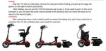 TTX-2W mobility scooter folding and unfolding guide with red accents and seat removal steps