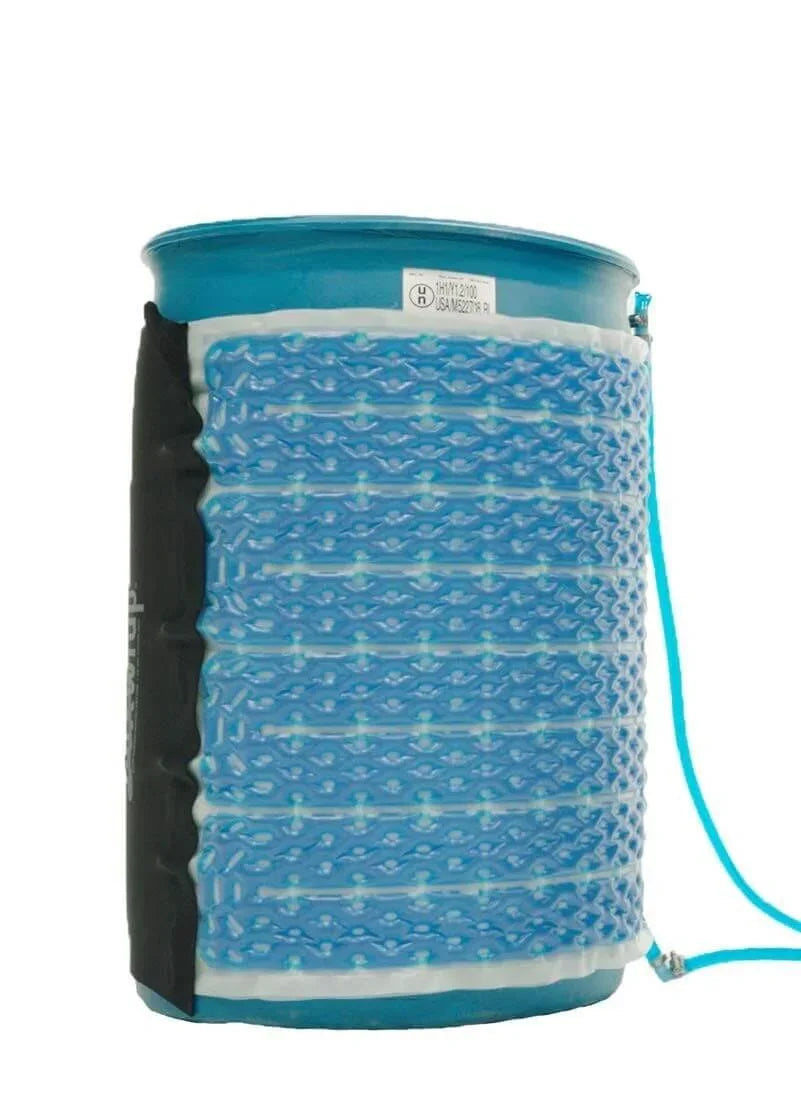 Blue textured barrel cover with black side panel and drawstring