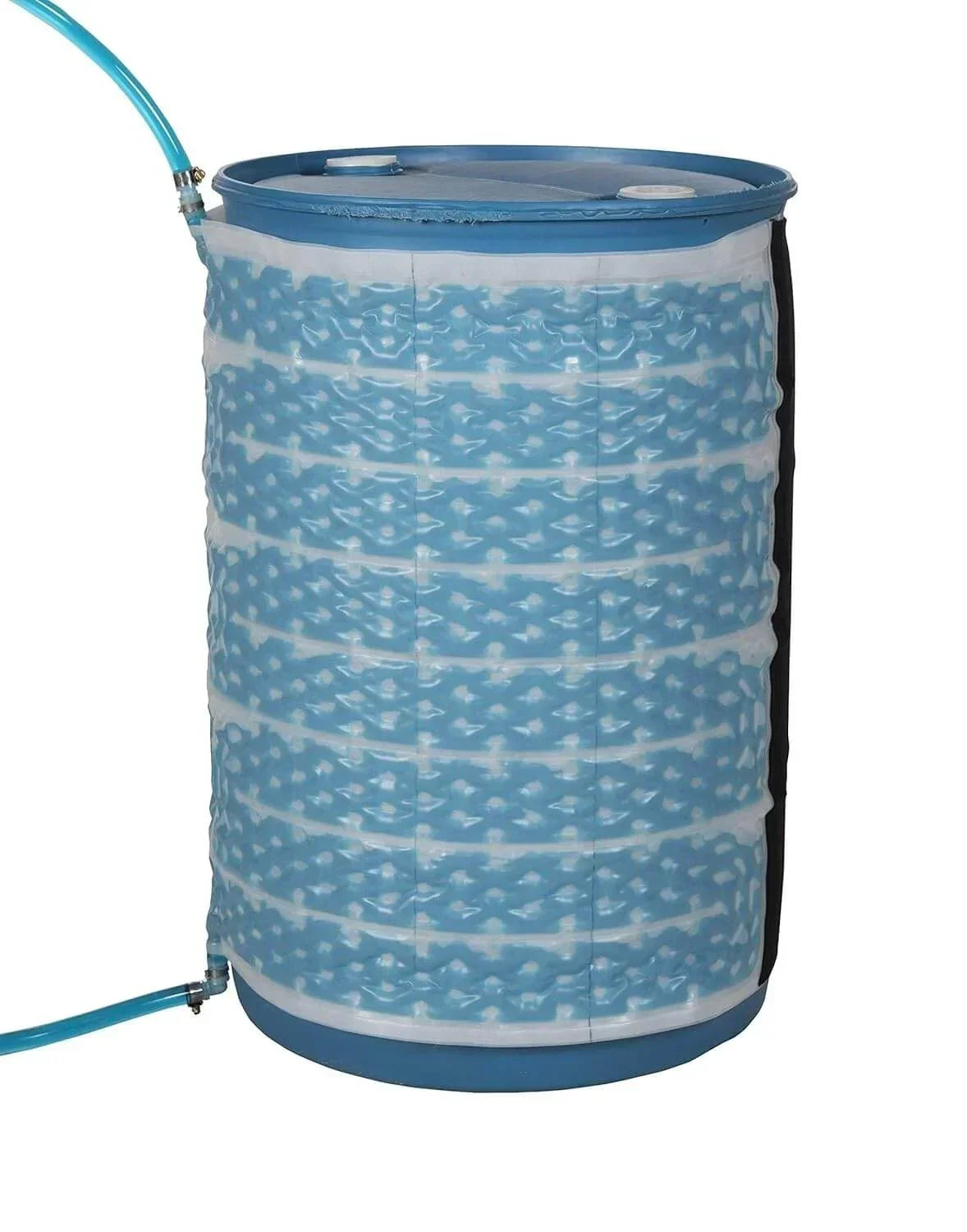 Blue water barrel with insulation wrap and hose attachments for efficient storage