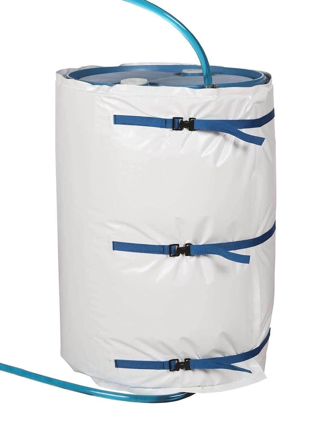 White barrel with blue straps and hose, industrial storage solution