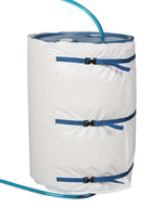 White barrel with blue straps and hose, industrial storage solution