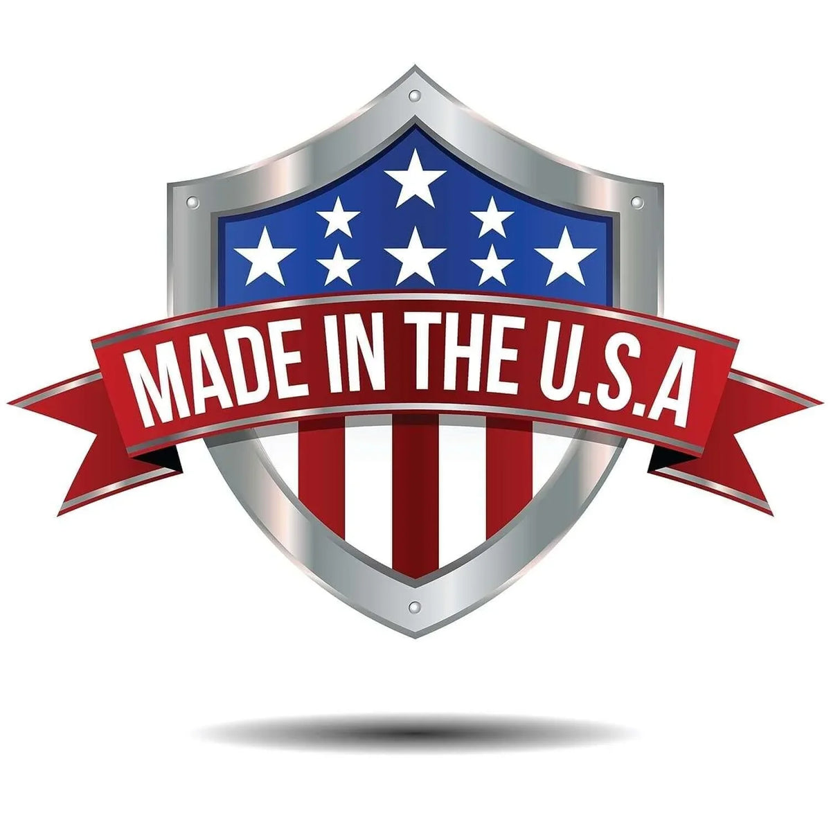 Made in the USA shield emblem with American flag design