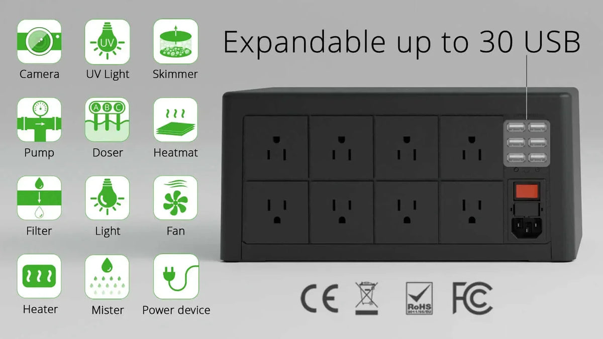 Expandable power strip with 8 outlets & 6 USB ports, supports cameras, pumps, heaters, and more devices