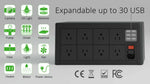 Expandable power strip with 8 outlets & 6 USB ports, supports cameras, pumps, heaters, and more devices