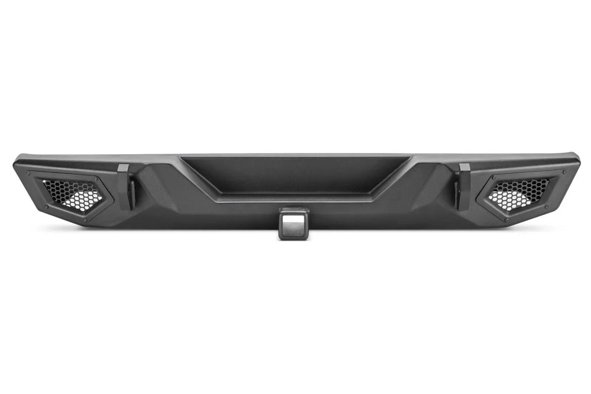 Black heavy-duty truck front bumper with grille guards and tow hook, compatible with international truck parts