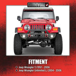 Red Jeep Wrangler with Carnivore front bumper and LED lights, compatible with TJ and LJ models