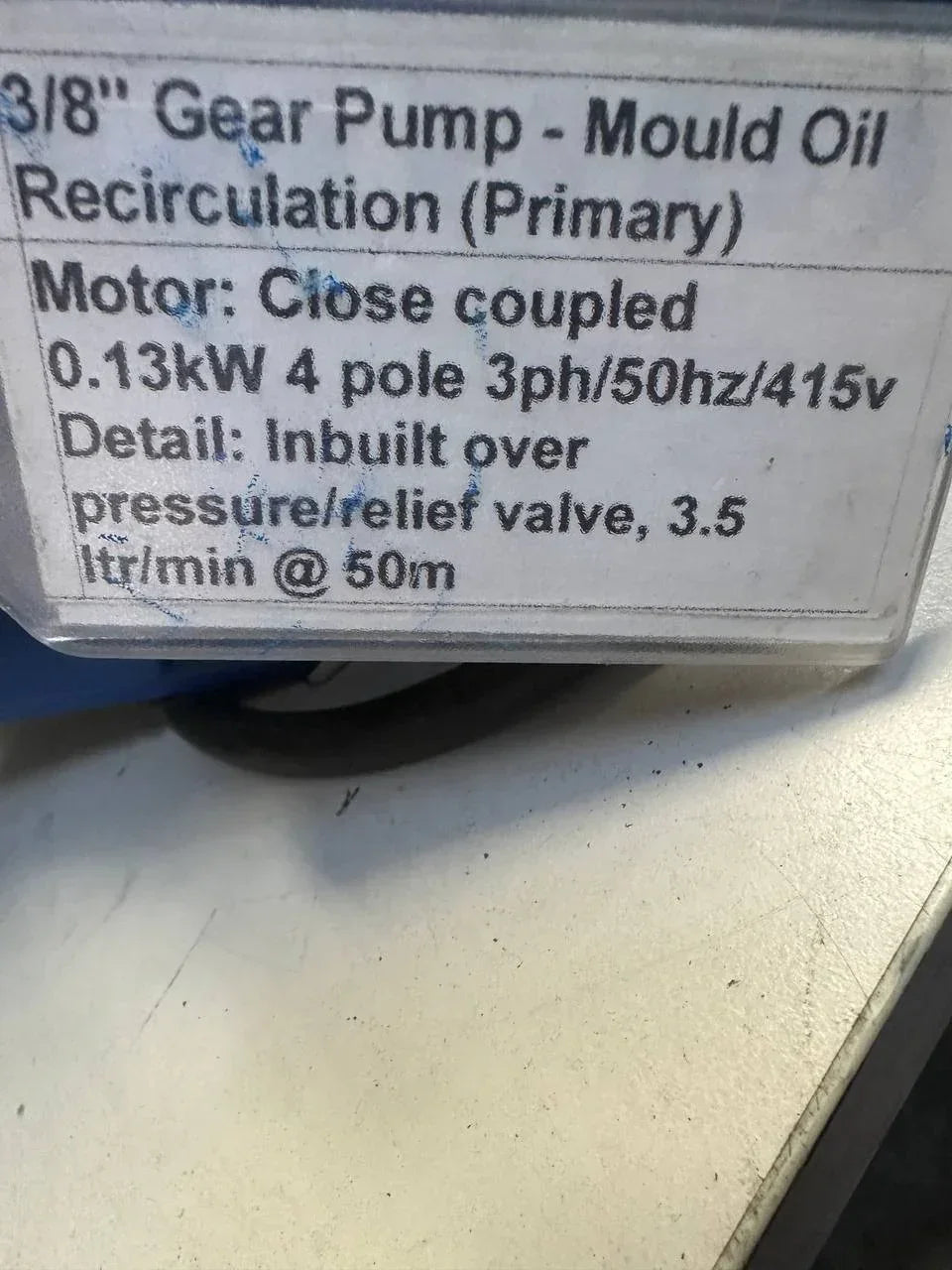 3/8" Gear Pump for Mould Oil Recirculation, 0.13kW Motor, 3ph/50Hz/415V, Built-in Relief Valve