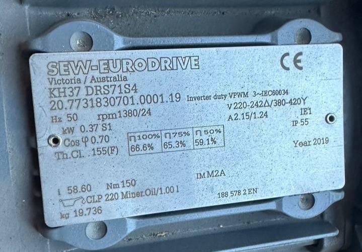 SEW-EURODRIVE industrial motor nameplate with specs, Australia, IP55, 2019, for tractor or machinery parts