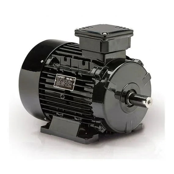 Black industrial electric motor with mounting base and shaft, suitable for machinery and equipment applications