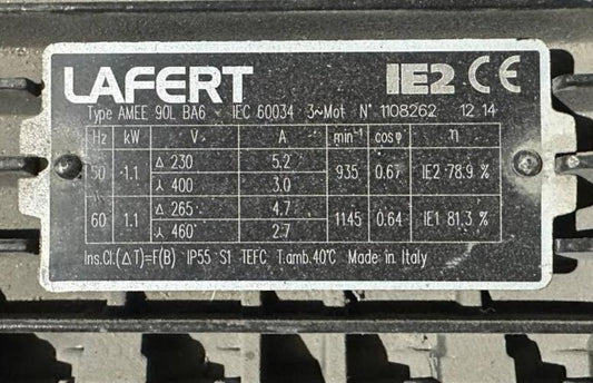 AEG LAFERT AMEE90LBA 1 kW 4 Pole 230/400/3/50Hz High Efficiency Motor
