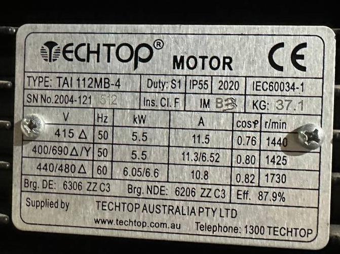 TECHTOP motor nameplate with specs, IP55 rating, 5.5kW, 1440 RPM, supplied by TECHTOP Australia
