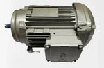 Industrial electric motor with cooling fins, metal housing, and blue shaft end for machinery applications
