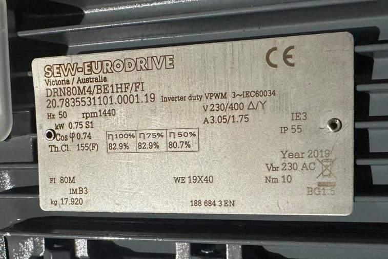 SEW-EURODRIVE industrial motor nameplate with specs, CE mark, IP55 rating, 2019 model, Australia