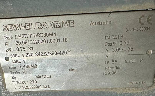 SEW-EURODRIVE AC Motor KH37/T DRE80M4 1440rpm 0.75kw s1 230/400v