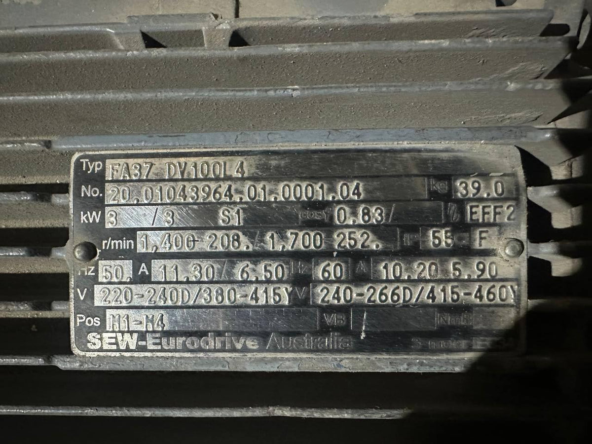 SEW-Eurodrive Australia motor label with specs for industrial use, featuring kW, voltage, and efficiency details.