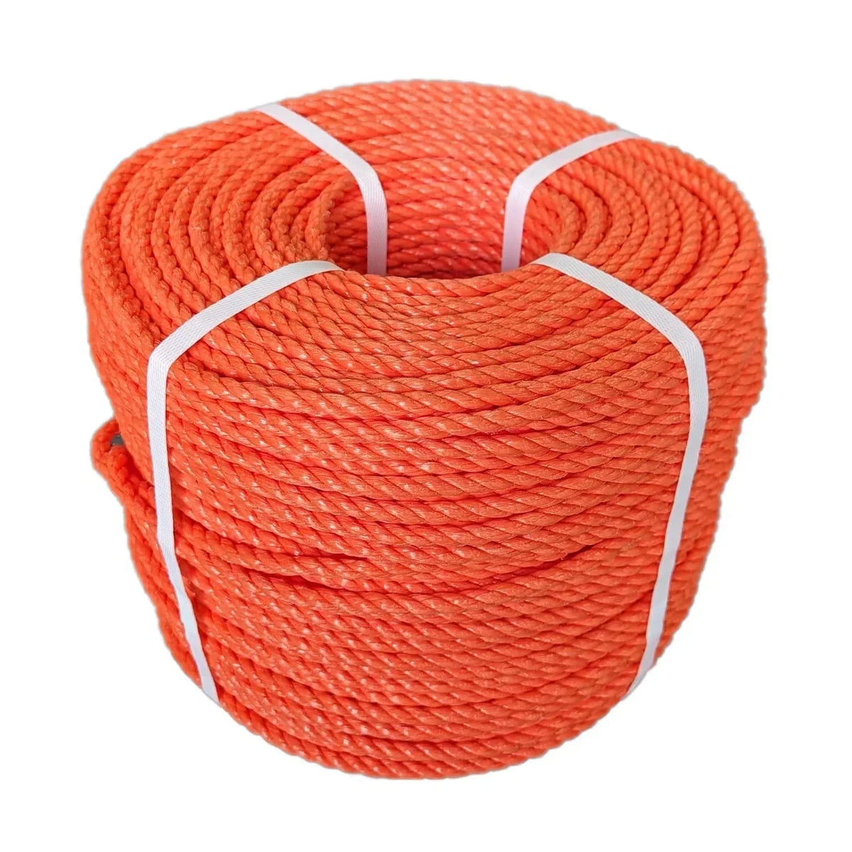 Bright orange twisted rope coiled and secured with white straps, ideal for outdoor or industrial use.