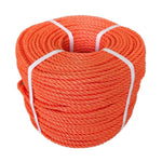 Bright orange twisted rope coiled and secured with white straps, ideal for outdoor or industrial use.