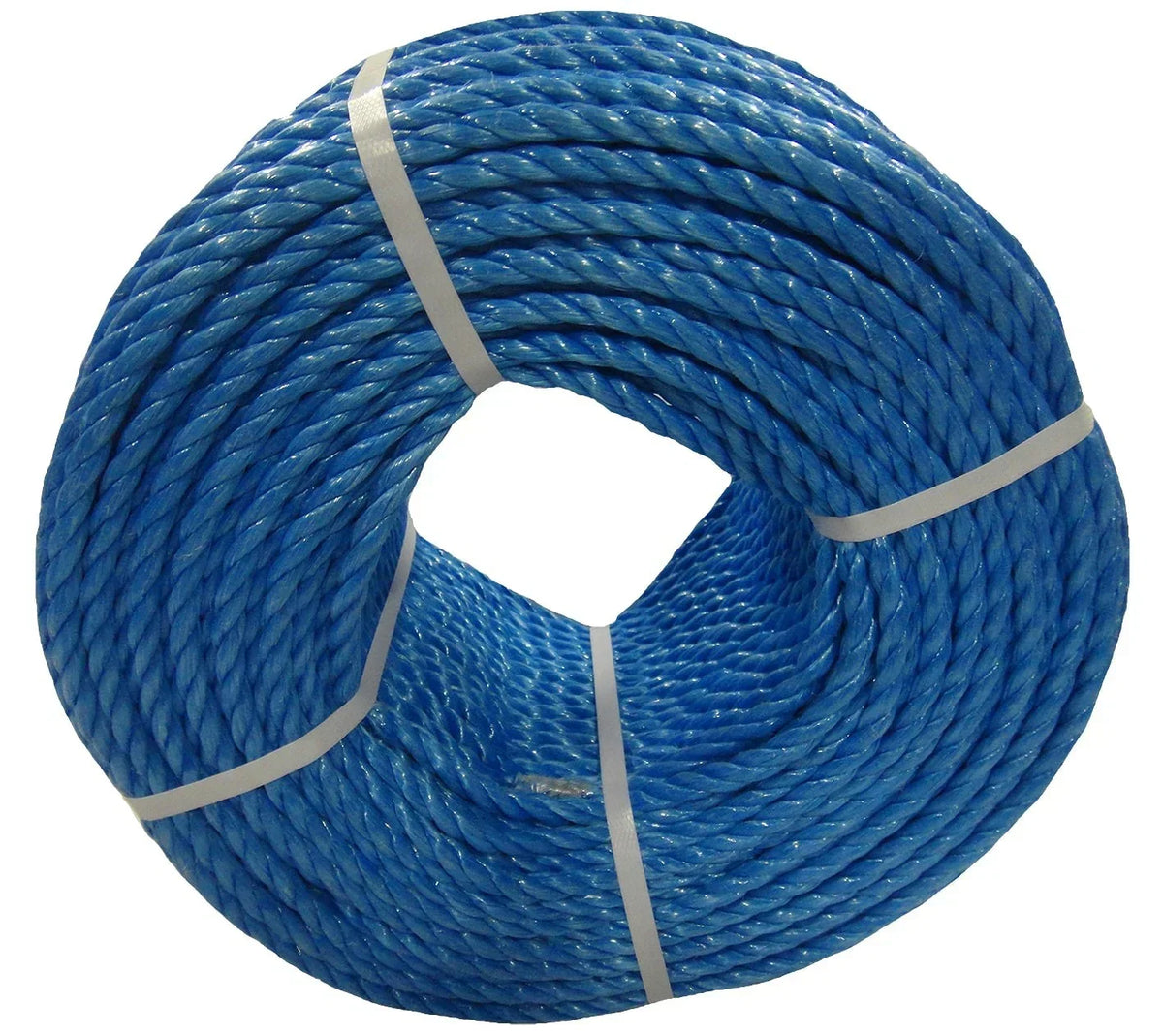 Blue braided rope coiled and secured with straps, ideal for industrial or agricultural use