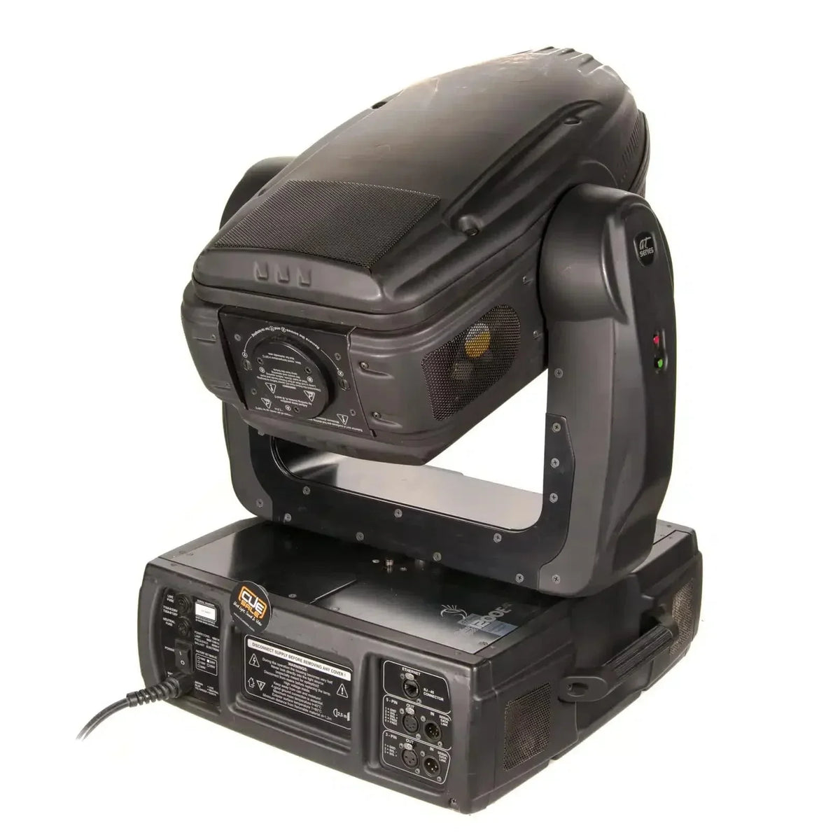 Professional stage lighting fixture with DMX control and power connections