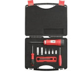 Red screwdriver set with bits in black case for tractor or truck parts repair