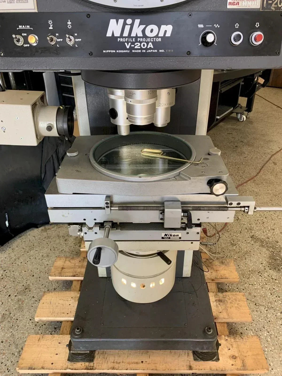 Nikon V-20A Profile Projector for precision measurement, made in Japan, on wooden pallet in workshop