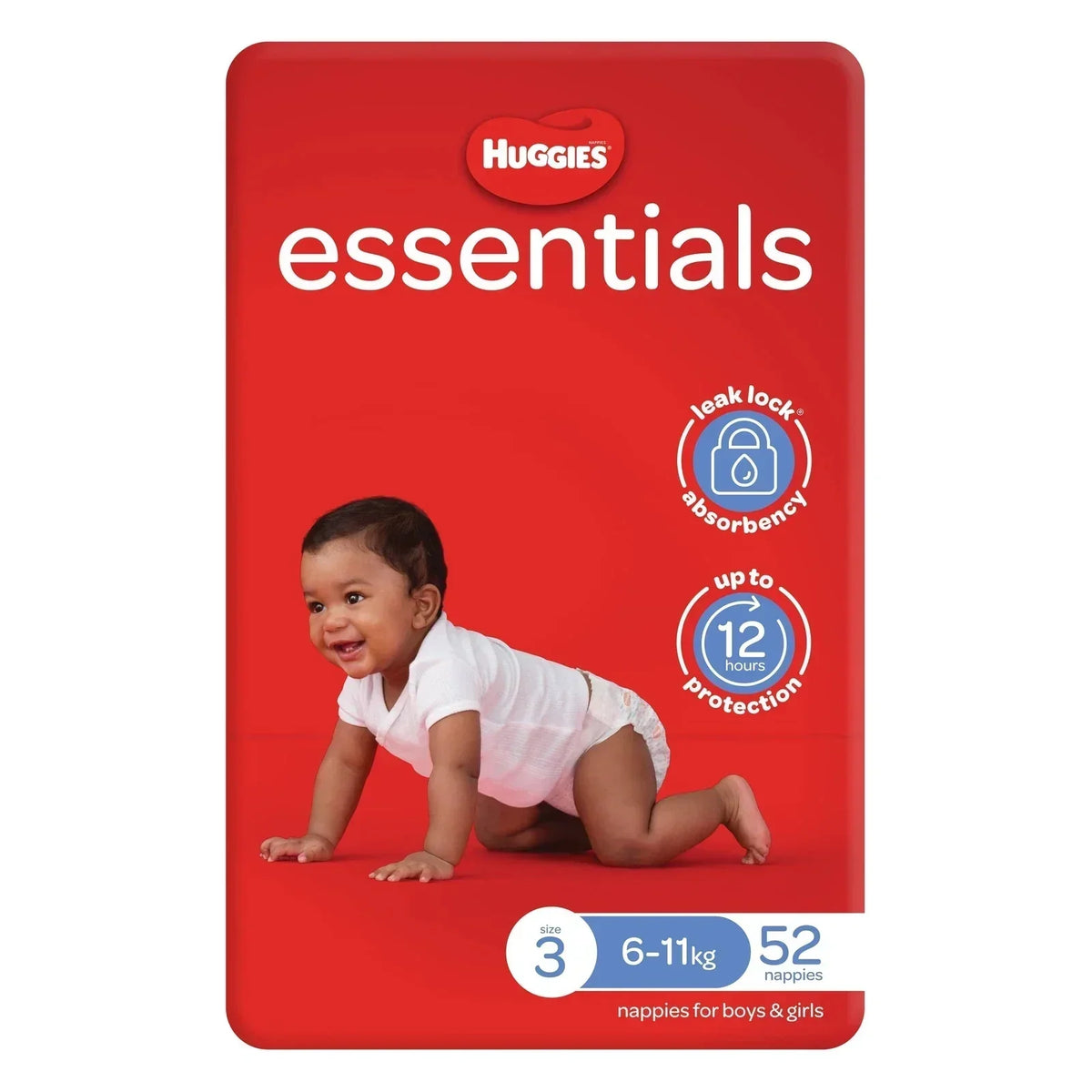Huggies Essentials Size 3 Nappies for Boys & Girls, Leak Lock Absorbency, Up to 12 Hours Protection