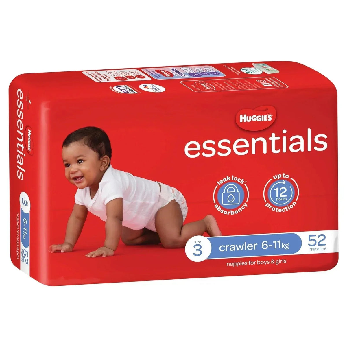Huggies Essentials Size 3 crawler nappies for 6-11kg babies, 52 count, leak lock absorbency